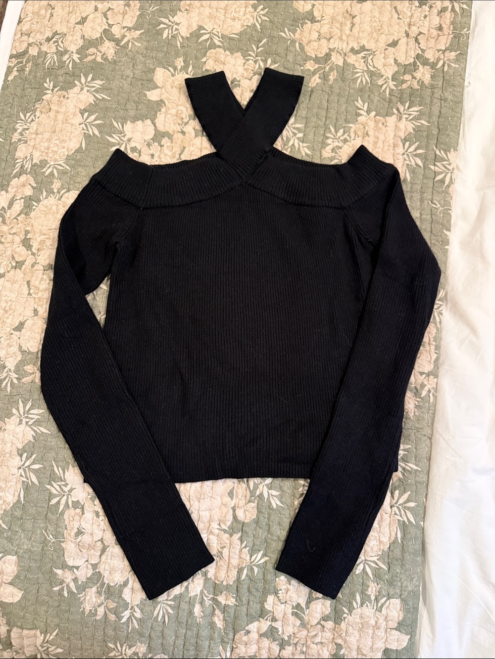 Black cross neck open shoulder sweater